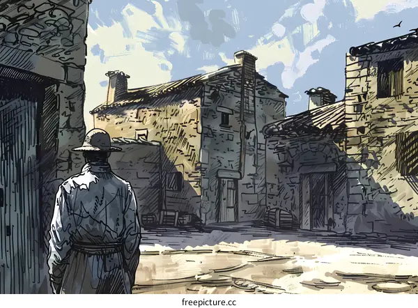 A Man Walking Through a European Village