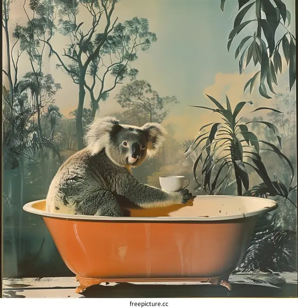 A cute koala sits in a bathtub and enjoys a cup of tea