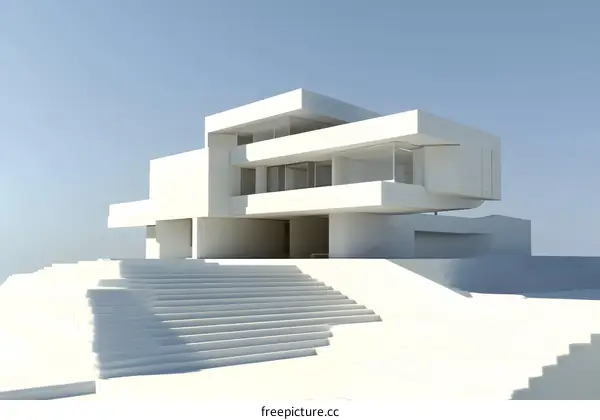 Modern White House with Stairs and Blue Sky