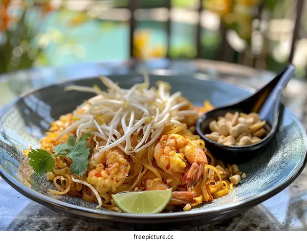 Pad Thai with shrimp, peanuts, bean sprouts, and lime