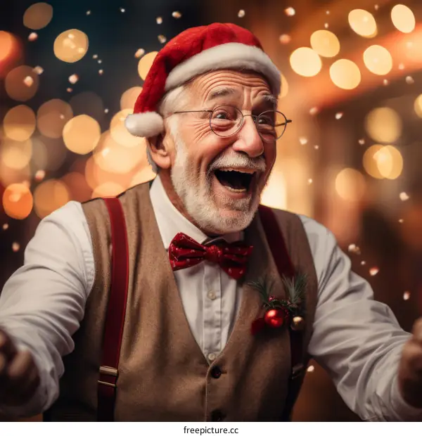 Portrait of an old man wearing a Santa hat and suspenders