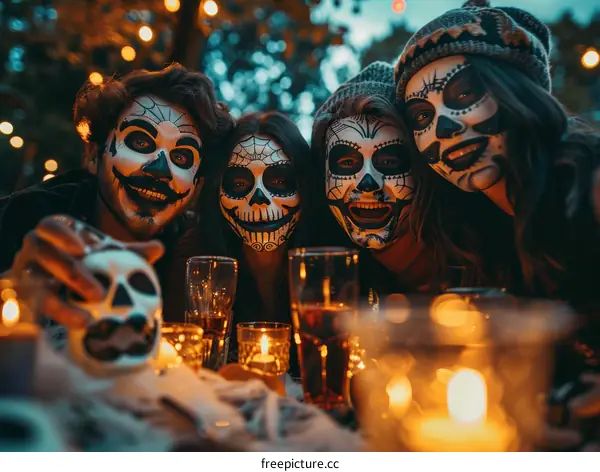 Four people with painted faces celebrating Halloween