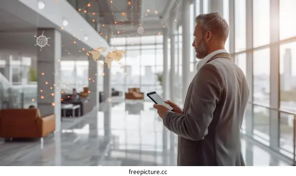 Businessman looking at digital screen with world map and network connections in modern office interior