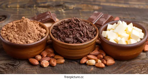 Three Bowls of Chocolate Ingredients on a Wooden Table
