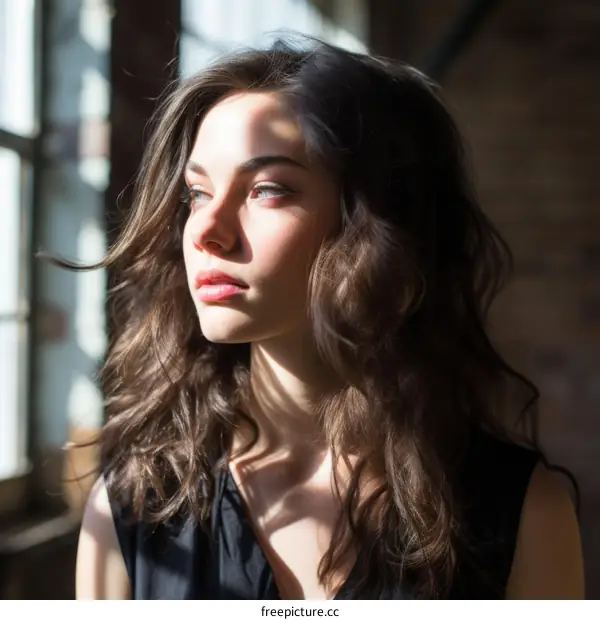 Portrait of a young woman with long brown hair and blue eyes