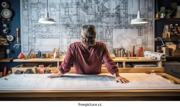 Male architect looking at blueprint in his office