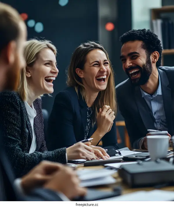 Teamwork and Collaboration: A Group of Colleagues Share a Laugh During a Meeting