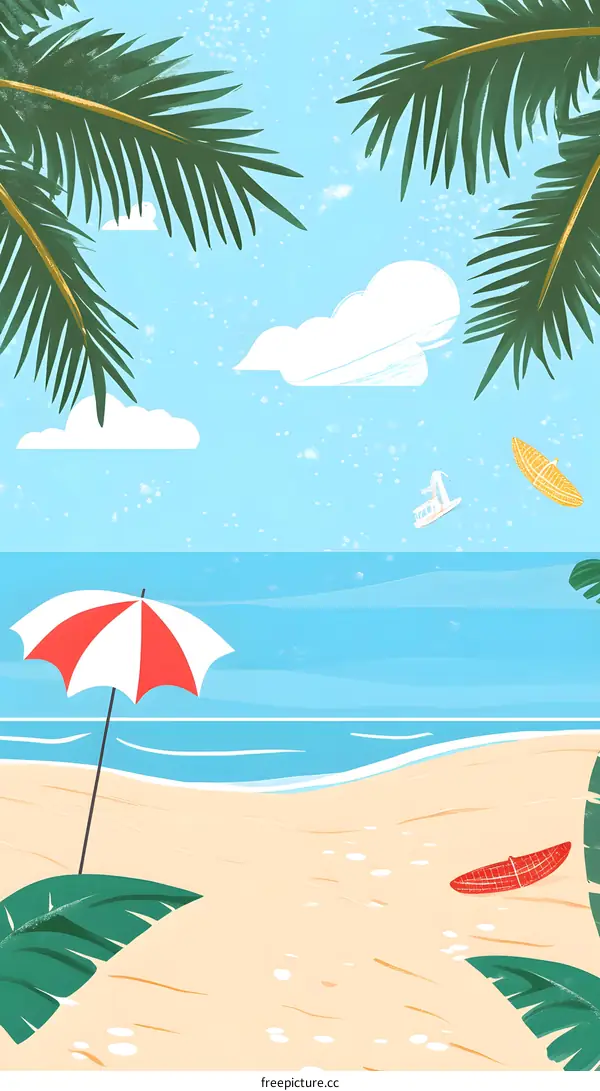 Summer Beach Landscape Illustration with Palm Trees and Beach Umbrella