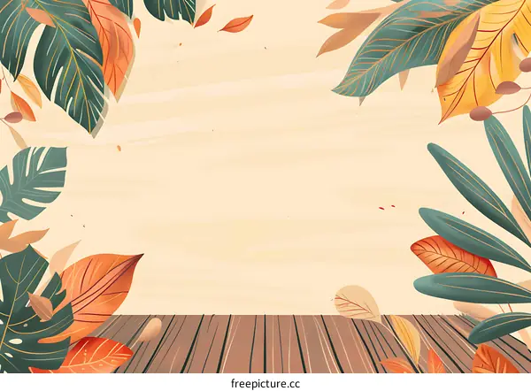 Autumn Leaves Background with Wooden Floor