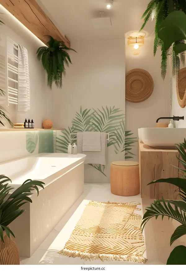 Tropical Bathroom Interior Design with Palm Leaves and Wooden Accents