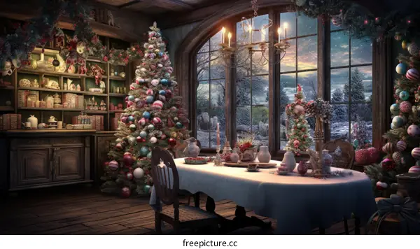 Cozy Christmas Dining Room with Decorated Tree and Fireplace