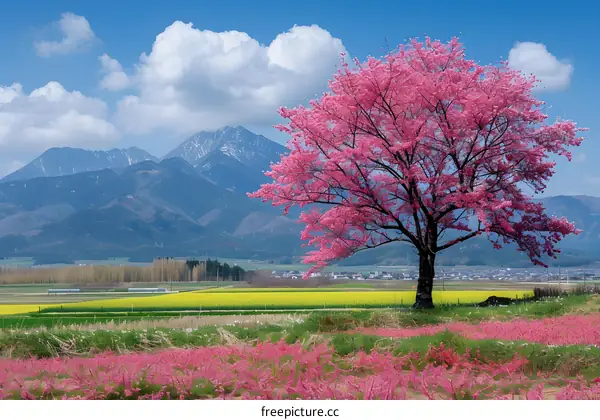 A cherry blossom tree in full bloom with a mountain range in the background