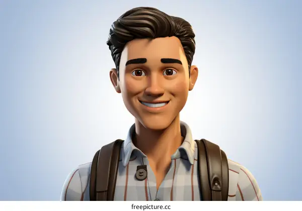 Portrait of a Young Man with Brown Hair and Eyes Wearing a Blue Shirt and Backpack