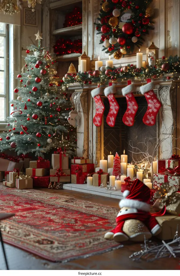 Christmas Tree by Fireplace with Presents