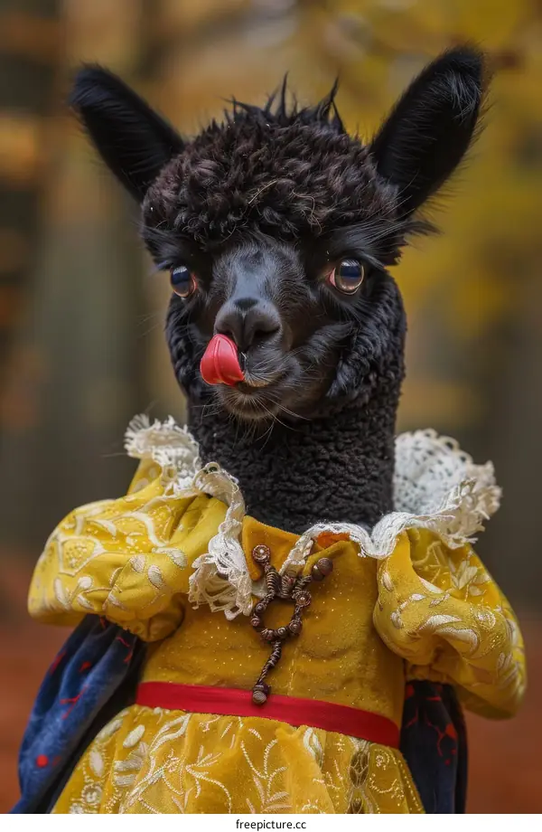 Black Llama in Glitzy Red and Gold Dress with Pearl Necklace