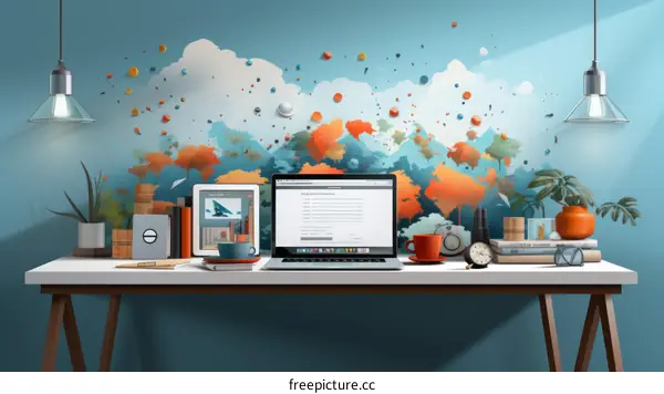 Blue and Orange Home Office Workspace with Technology Devices