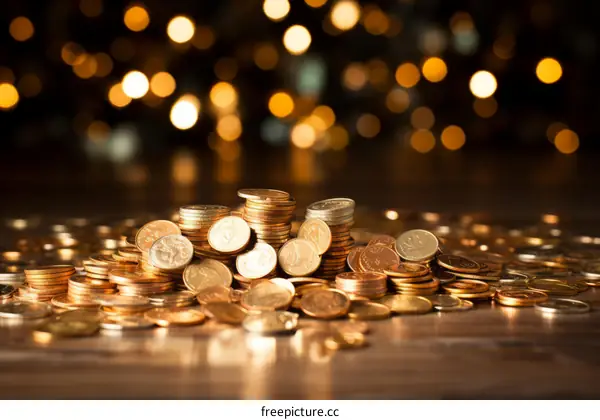 Stacks of Gold Coins with a Blurred Golden Light Background