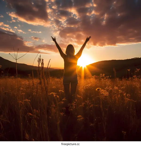 girl standing in a field of wheat with her arms in the air