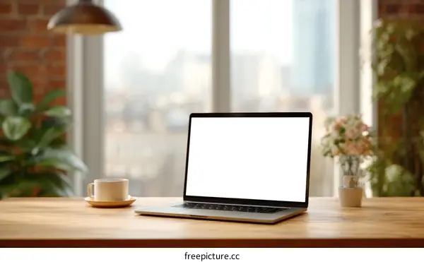 Modern Workspace Laptop Mockup with Plants and Flowers