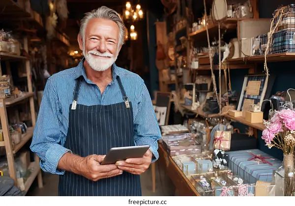 Smiling Elderly Caucasian Shop Owner Using Tablet