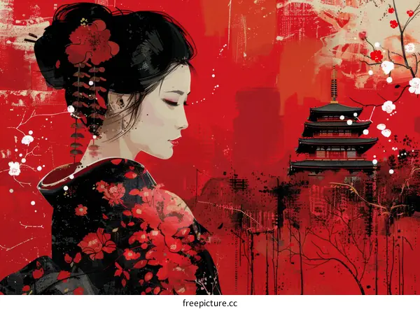 A digital painting of a Japanese woman in traditional dress with a red background and cherry blossoms.