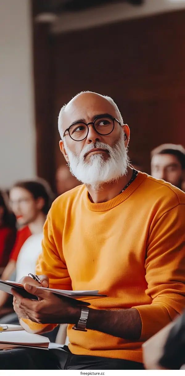 Man with White Beard Taking Notes in a Meeting