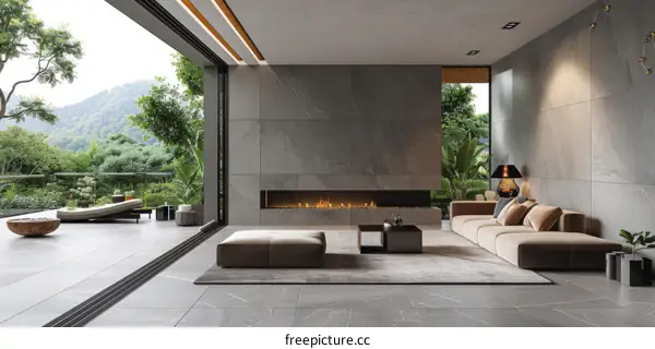 Modern living room with fireplace and large windows