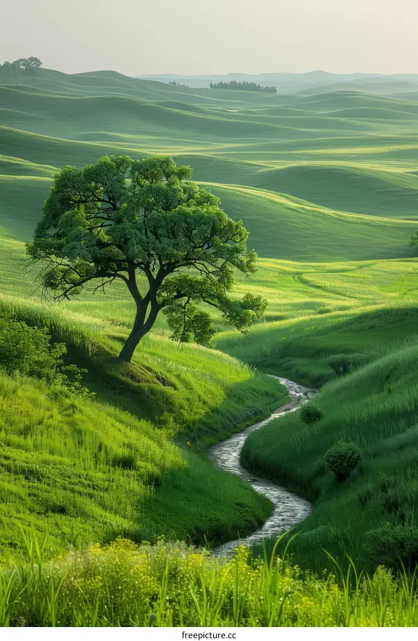 Solitary Tree on Verdant Rolling Hills
