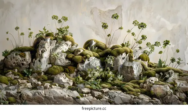 Green Moss Covering Rocks and Plants on Wall