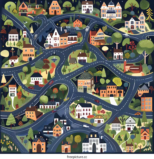 Illustrated Map of a Winding Town with Buildings and Roads