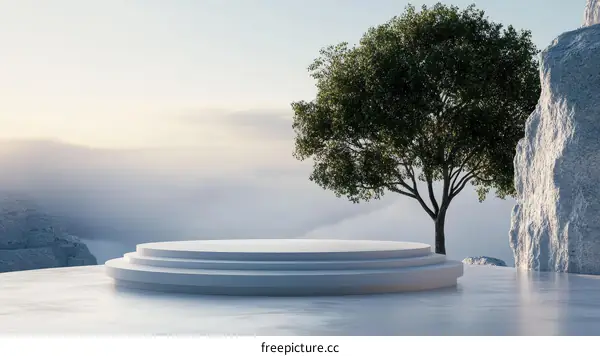 White Minimalist Product Display Platform in Nature Scenery