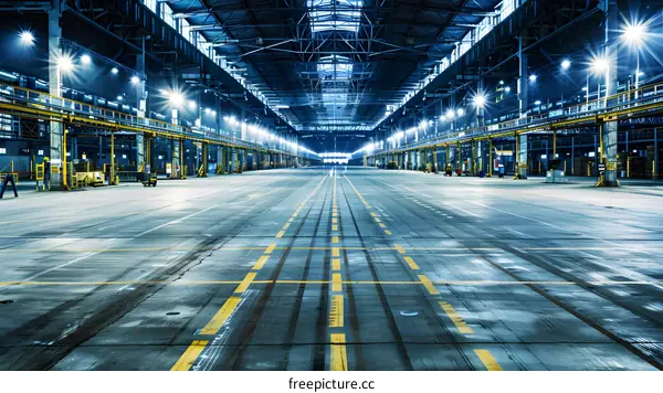 Empty Industrial Warehouse Building with Yellow Lines