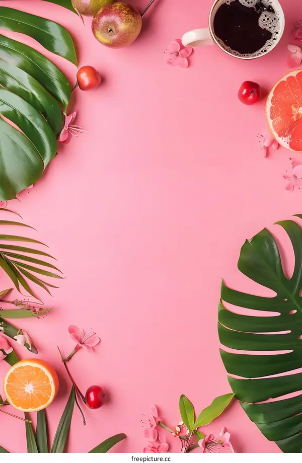 Pink Background With Tropical Leaves Flowers Coffee and Fruits