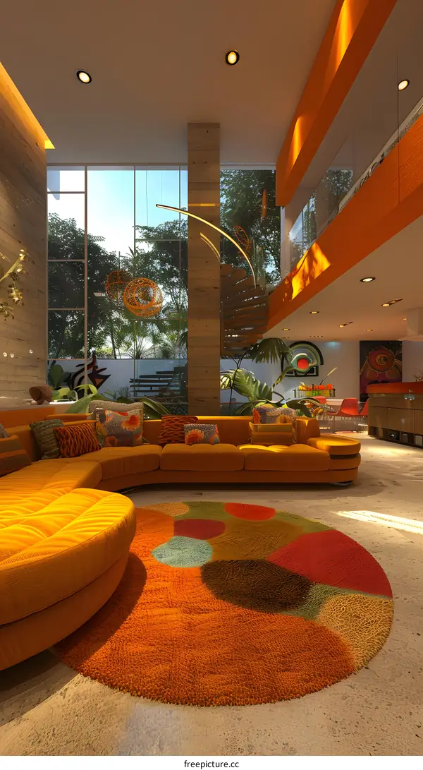 Spacious living room with orange accents