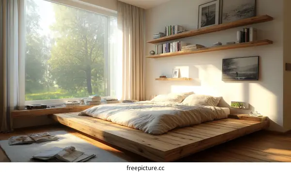 Modern Minimalist Wooden Platform Bed with Natural Light