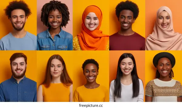 A diverse group of people of different ethnicities and races are smiling at the camera.