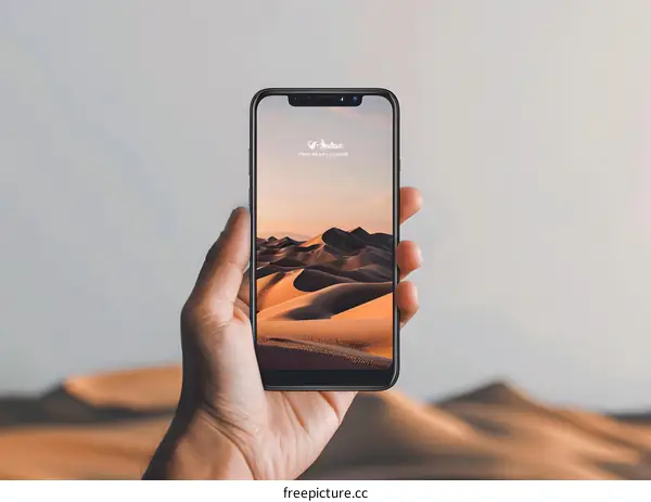Hand Holding Smartphone With Desert Landscape On The Screen