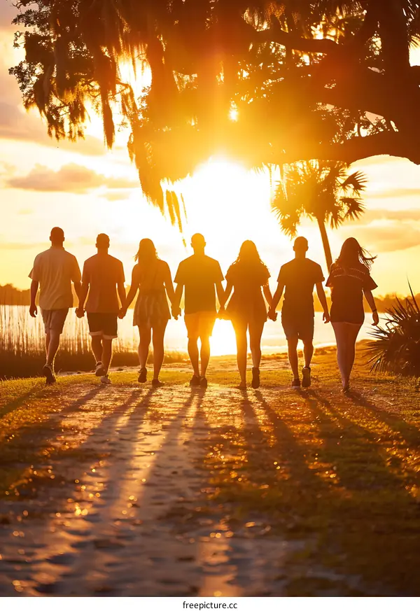Silhouettes of People Walking Towards Sunset on Beach