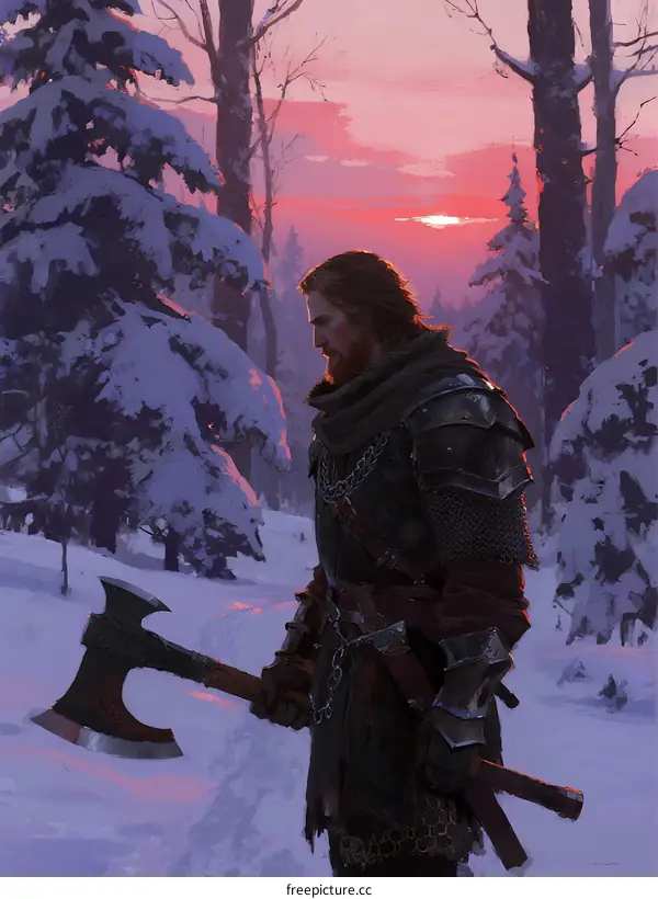 Warrior standing in snowy forest during sunset with battle axe