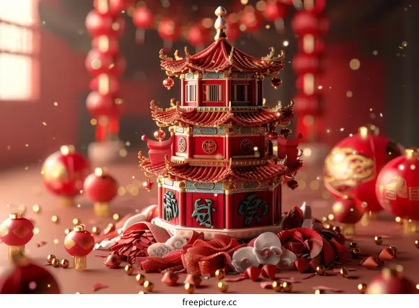 Golden Pagoda with Red Lanterns and Gold Ingots for Chinese New Year