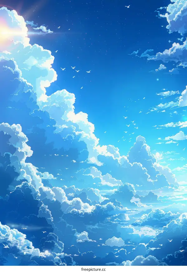 Blue sky and white clouds with sun rays shining through