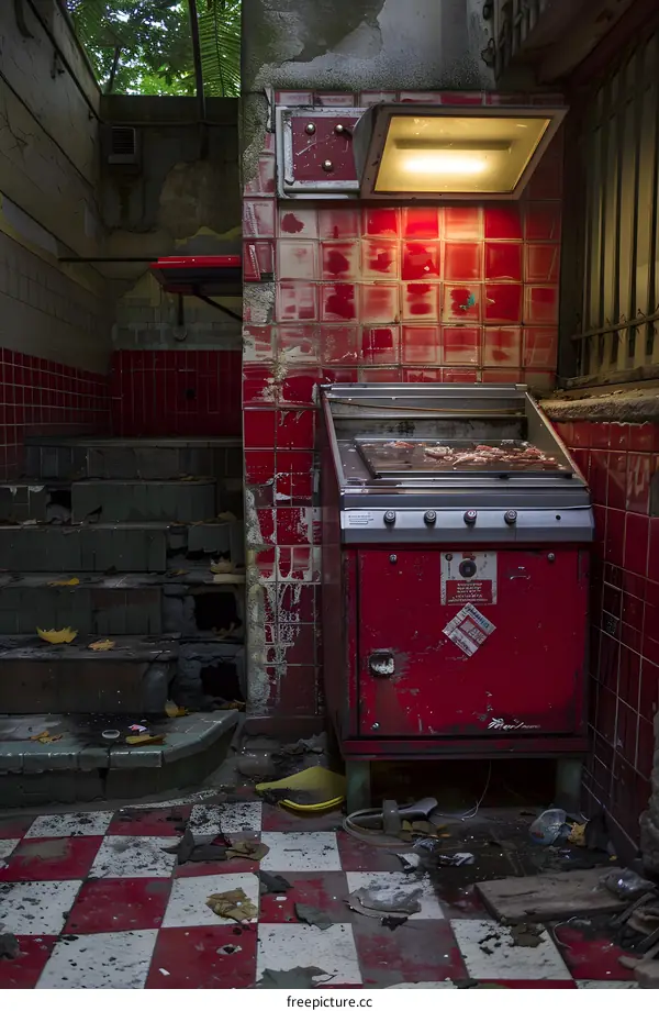 Old Red Stove and Checkered Floor in Abandoned Building