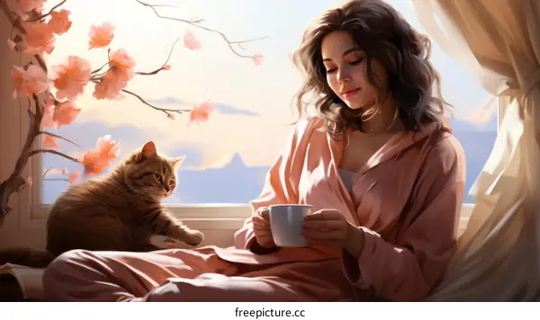 A woman in a robe enjoying a cup of tea by the window with her cat