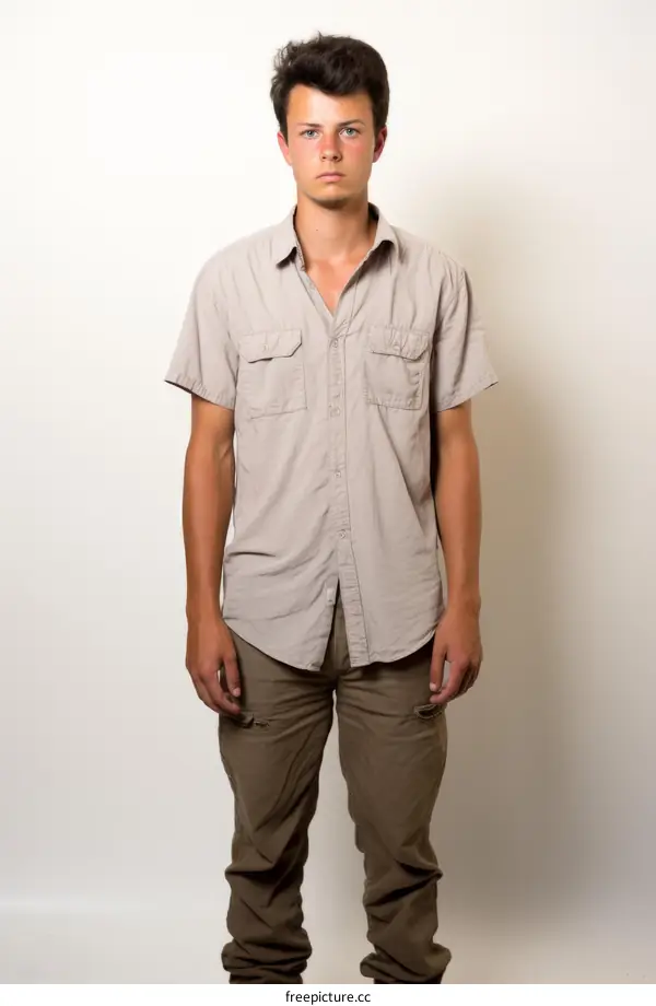 Young man standing in front of a white background wearing a khaki shirt and brown pants