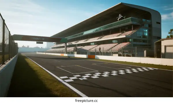 Modern race track with grandstand and checkered flag
