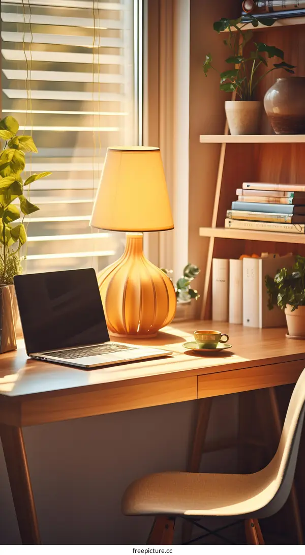 Desk setup with laptop, lamp, books and plants
