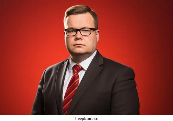 A headshot of a man in a suit and tie with glasses on a red background
