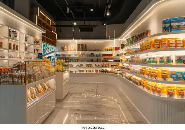 Well-lit Grocery Store Interior with Stocked Shelves and Bright Lighting