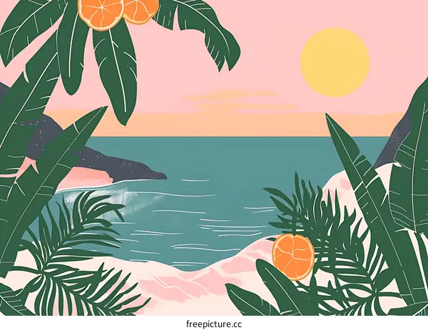 Tropical Sunset Beach Scene with Palm Leaves and Orange Slices