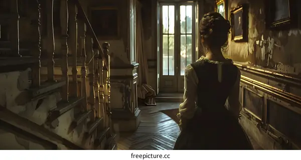 Woman in historical dress standing in a grand hall